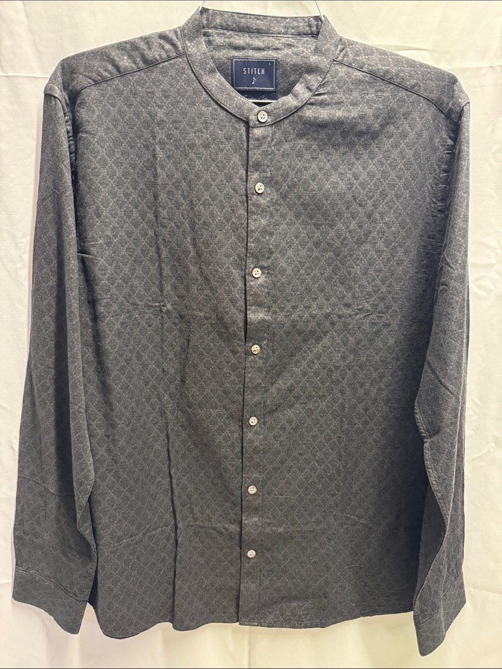 Stitch Note Men’s Large Charcoal Tonal Jacquard Band-Collar Button-Down Shirt